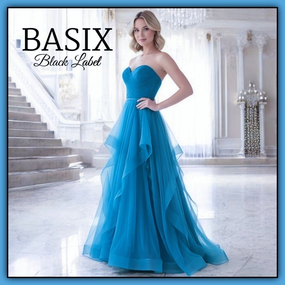 NWT BASIX Black Label Strapless Flounce Tulle Gown Peacock Color - Picture 1 of 11